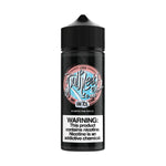 Load image into Gallery viewer, A 100ml bottle of Lush Ice Ruthless e-liquid with a black label, featuring pink and blue text and graphics indicating the flavor and nicotine-free status.