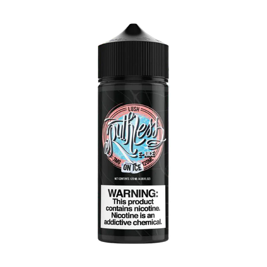 A 100ml bottle of Lush Ice Ruthless e-liquid with a black label, featuring pink and blue text and graphics indicating the flavor and nicotine-free status.