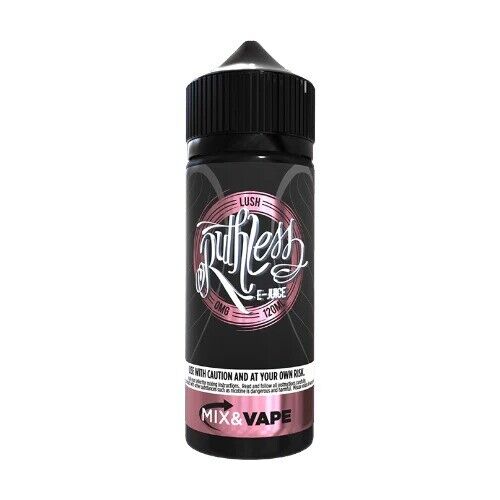 A 100ml bottle of Lush Ruthless e-liquid with a black label and pink accents, indicating a nicotine-free mix and available in various flavors.