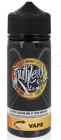A 100ml bottle of Mango Ruthless e-liquid by Cloud Chaser Vape Juice, showcasing the product in a black and clear bottle with a label that includes the brand name and the flavor.