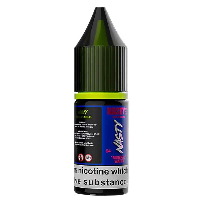 Nasty Liq Mineral Water Nic Salt Vape Juice – sleek 10 ml bottle featuring a crisp, refreshing mineral water flavor enhanced with smooth nicotine salts, designed for pod-system vaping with convenient dropper top.