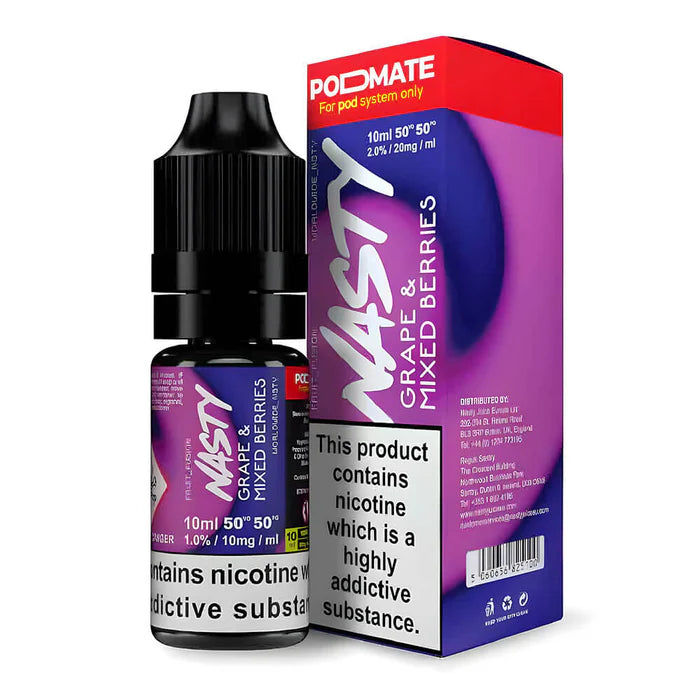A 30ml bottle of Nasty Podmate Grape Mix Berries Nic Salt Vape Juice featuring vibrant purple and berry-colored packaging, showcasing the Podmate series branding and fruity flavor combination, intended for nicotine salt vape systems.