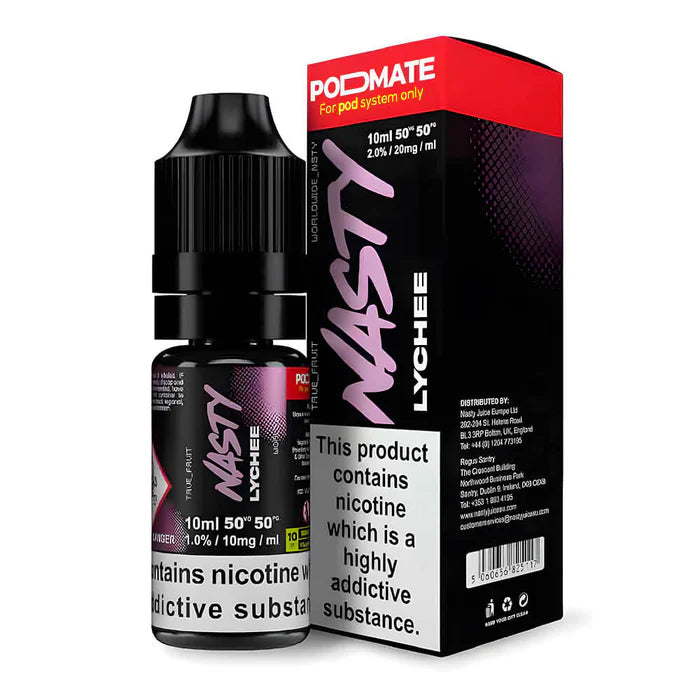 Nasty Podmate Lychee Nic Salt Vape Juice with vivid pink-and-white packaging, featuring the Podmate logo, ‘Lychee’ flavor name in stylized typography, and lychee fruit illustration—formulated for nicotine salt vaping devices.