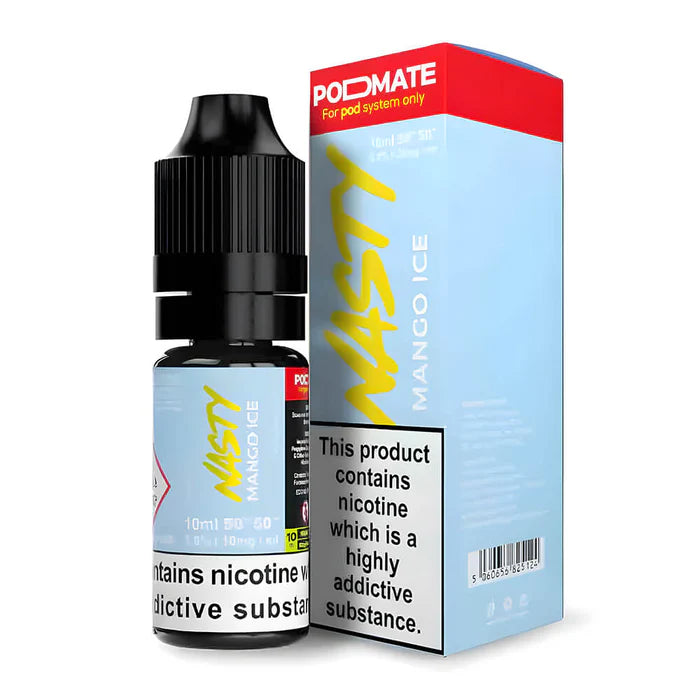 Nasty Podmate Mango Ice Nic Salt Vape Juice – sleek 10 ml bottle featuring a juicy mango flavor with a cool menthol finish, smooth nicotine salts, and convenient dropper tip for pod-system use.
