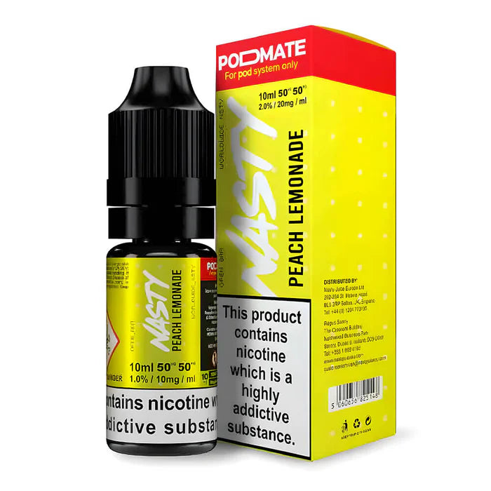 A 30ml bottle of Nasty Podmate Peach Lemonade Nic Salt Vape Juice with eye-catching peach and yellow packaging, displaying the Podmate series branding and flavor name, formulated for nicotine salt vaping systems