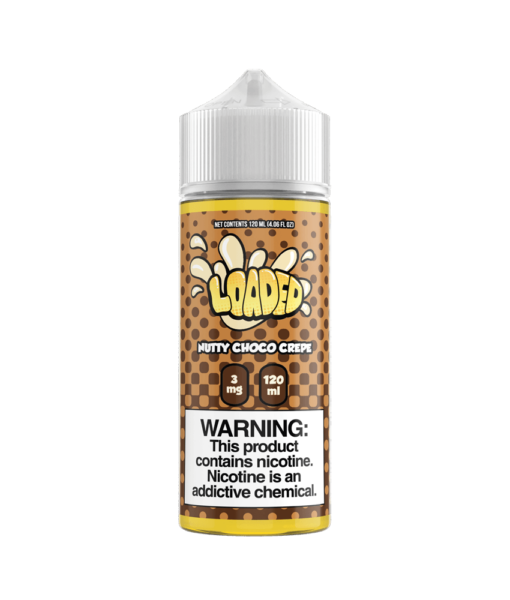 Bottle of Loaded E‑Liquid 120 ml labeled “Nutty Choco Crepe” featuring rich brown and creamy beige packaging with illustrations of a chocolate-filled crepe and nut pieces, accompanied by flavor notes “Apple Fritter, Lemon Bar, Melon Milkshake” in stylized lettering—designed for vape devices.