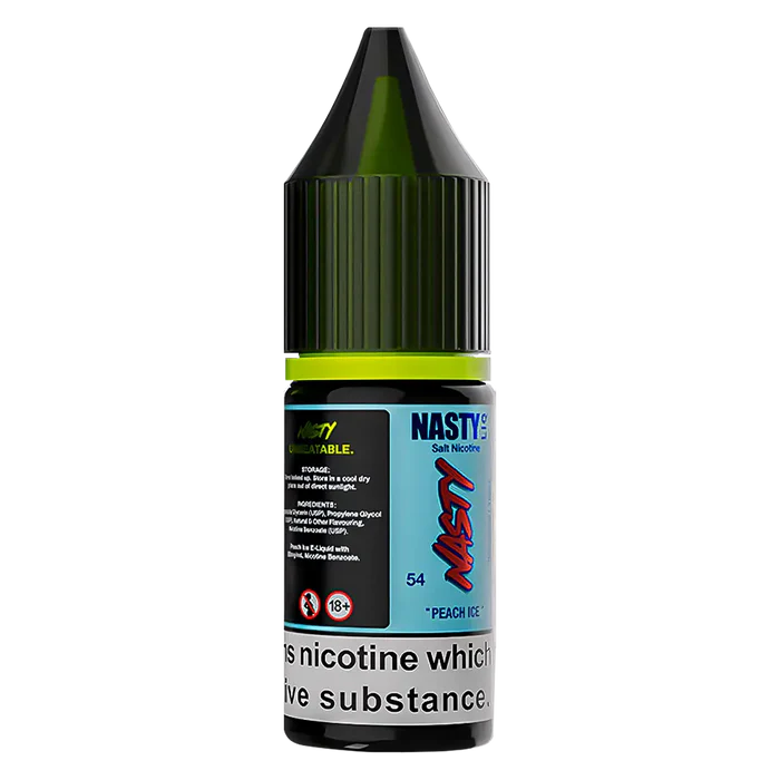 Nasty Liq Peach Ice Nic Salt Vape Juice – 10 ml bottle featuring juicy peach with a crisp ice finish, smooth nicotine salts in 10 mg or 20 mg strength, and a balanced 50/50 PG/VG base optimized for pod systems.