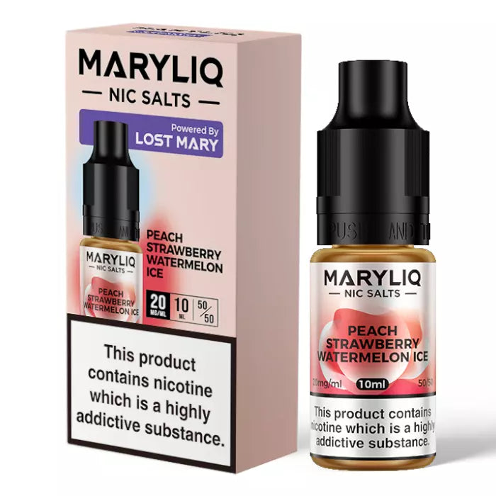 Packaging and bottle of Peach Strawberry Watermelon Ice MARY LIQ by Lost Mary E Liquid - Nic Salt Vape Juice 10ml/20mg/ml, featuring product information and flavor indication.