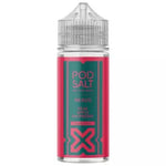 Load image into Gallery viewer, A clear bottle of Pod Salt Nexus E Liquid with a label that reads 'Pear Apple Raspberry' and has a pink and green color scheme.