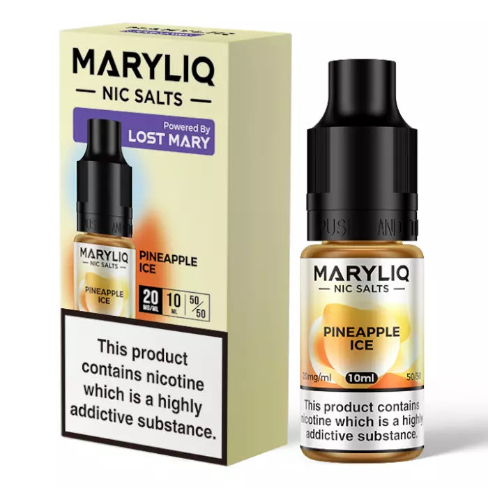 A product image showing a box and a bottle of MARY LIQ Pineapple Ice e-liquid by Lost Mary, indicating it is a nicotine salt vape juice with 10ml volume and 20mg/ml nicotine strength.