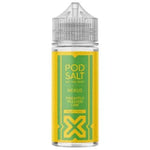 Load image into Gallery viewer, A 100ml bottle of Pod Salt Nexus Pineapple Passion Lime e-liquid with a yellow label.