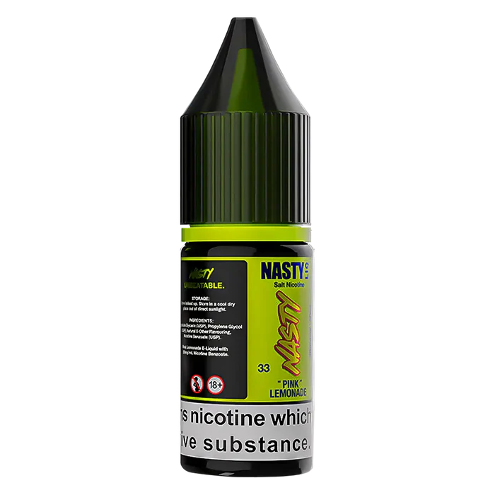 A 30ml bottle of Nasty Liq Pink Lemonade Nic Salt Vape Juice featuring bright pink and yellow packaging with bold branding and flavor label, designed for use in nicotine salt vape devices