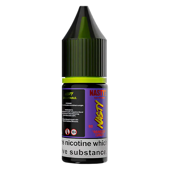 Nasty Liq Rainbow Candy Nic Salt Vape Juice – sleek 10 ml bottle featuring a vibrant, multicolored candy flavor blend with smooth nicotine salts and a convenient dropper tip for easy pod-system filling