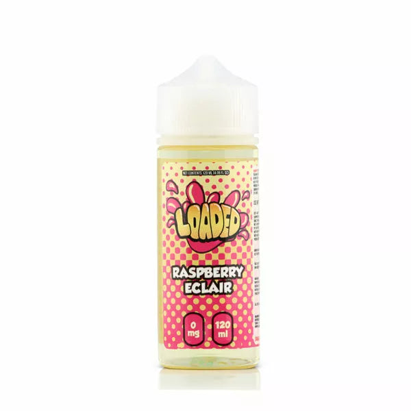 A 120ml bottle of Loaded Raspberry Eclair e-liquid with a child-resistant cap and a label featuring polka dots and raspberry graphics.