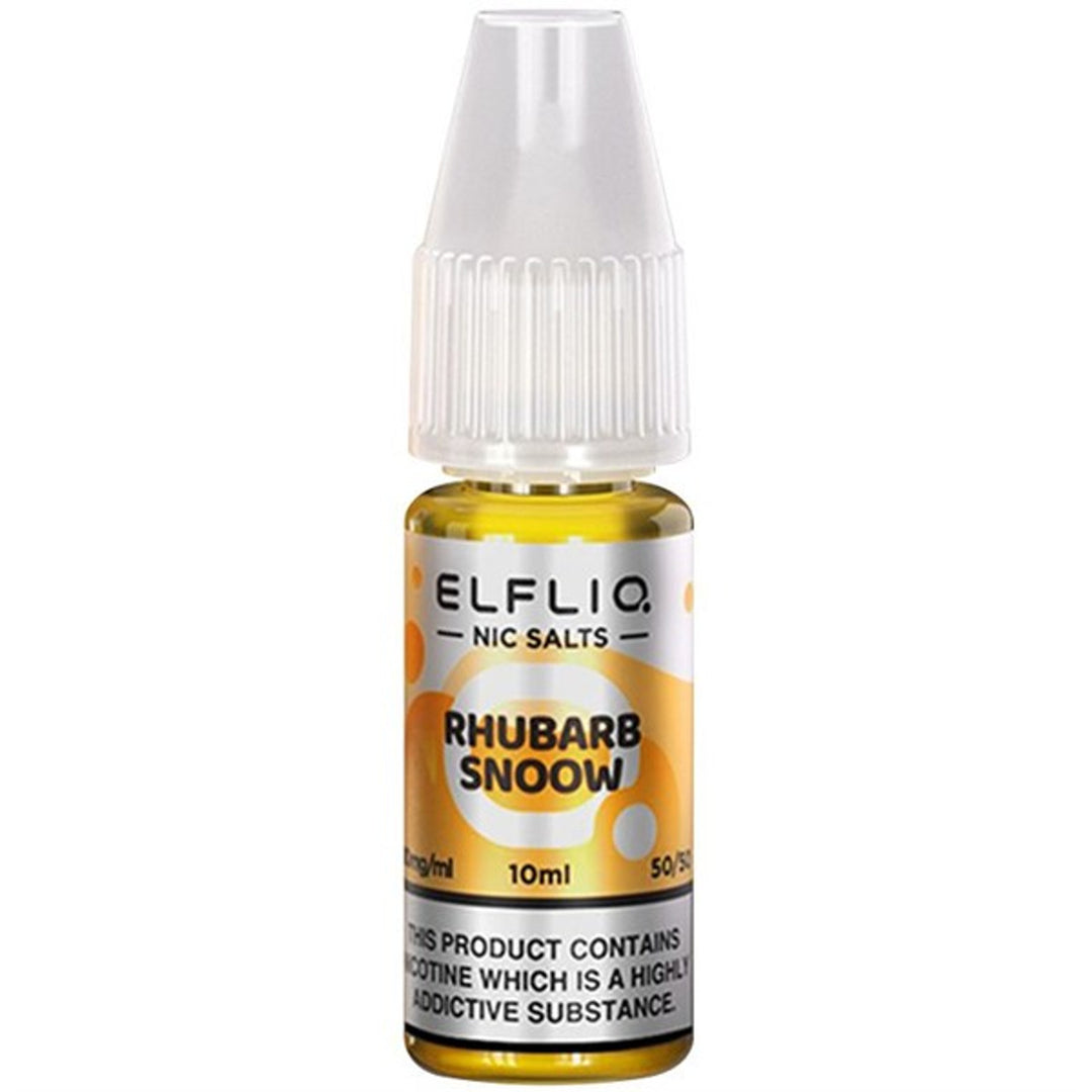 A product image displaying the packaging of ELFBAR ElfLiq Nic Salts, with the flavor 'Rhubarb Snoow' indicated on the label. The packaging is primarily orange with text stating the product contains nicotine.