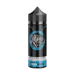 Load image into Gallery viewer, A 100ml bottle of Ruthless Rise e-liquid with a black and blue label, indicating nicotine-free and suitable for use with mixed coils at temperatures ranging from 200-350 degrees Fahrenheit.