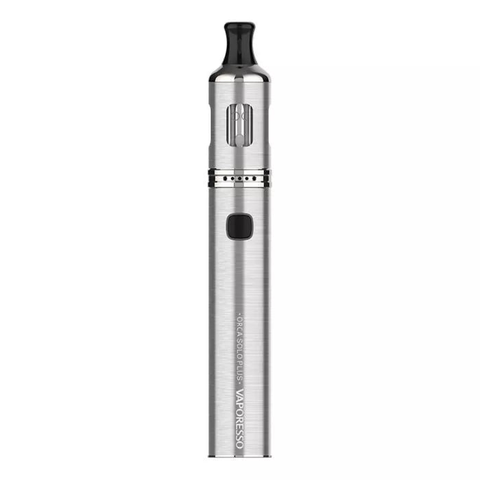 Vaporesso Orca Solo vape kit in Silver finish, featuring a sleek pen-style design, built-in rechargeable battery, 2ml tank capacity, and easy top-fill system for a smooth and convenient vaping experience