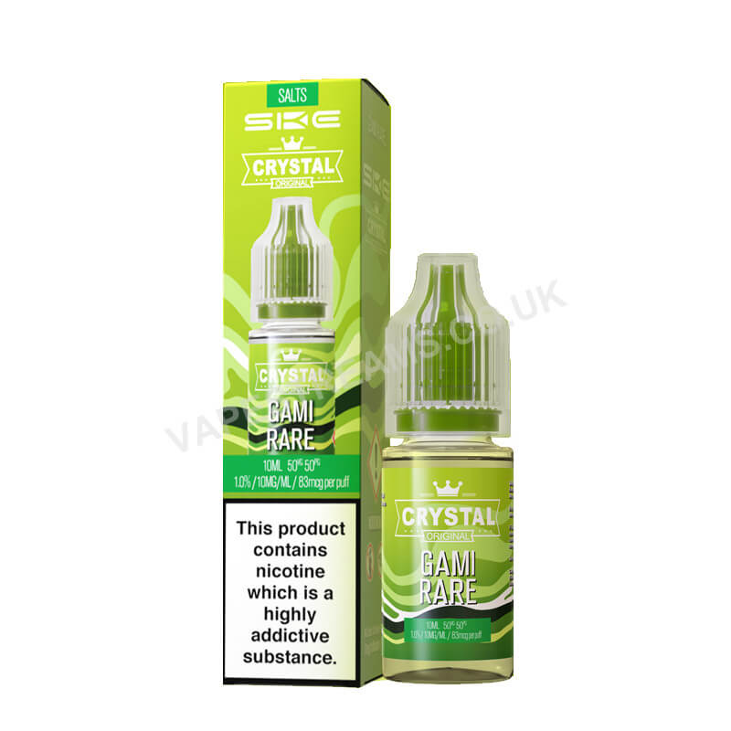 A product image showing a 10ml bottle of Kiwi Passion Fruit Guava flavored SKE Crystal Nic Salt E Liquid, with a box in the background, placed on a white background.