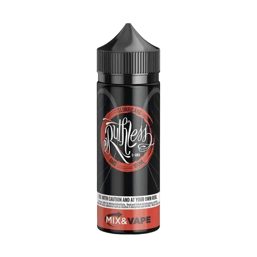 A 100ml bottle of Slurricane Ruthless e-liquid with a black label, featuring the brand name and flavor hints such as peaches, guava, and papaya.