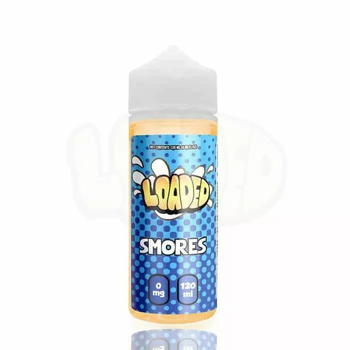 A 120ml bottle of Loaded Smores e-liquid with a child-resistant cap, featuring a label with the flavor's name and a graphic of a s'mores.