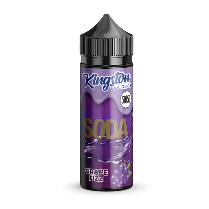 A bottle of Kingston brand Soda - Grape Fizz Kingston 100ml Nicotine Free 0mg E Liquid VAPE Juice with a childproof cap.