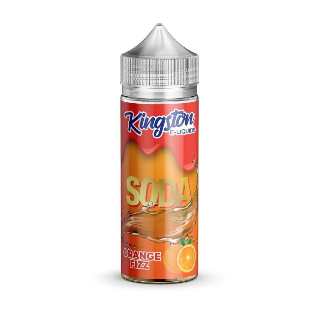 A bottle of Kingston Soda - Orange Fizz e-liquid with a nicotine-free label, featuring an orange design and the flavor's name prominently displayed.