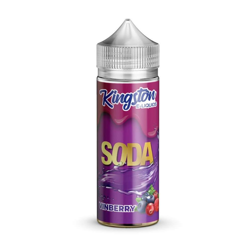 A bottle of Kingston Vinberry flavor e-liquid, with a purple label and silver cap.