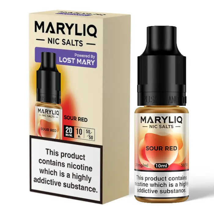 A 10ml bottle of MARY LIQ Sour Red e-liquid nicotine salt, with a concentration of 20mg/ml, next to its packaging box which warns about the nicotine content.