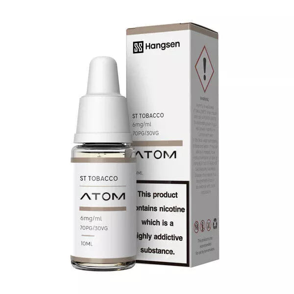 A bottle of St Tobacco Hangsen e-liquid next to its packaging box. The bottle has a white cap and the liquid inside is clear.