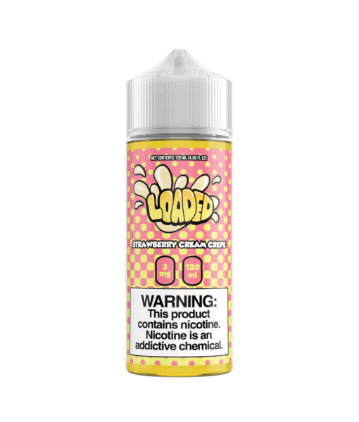 A 120ml bottle of Strawberry Cream Crepe loaded e-liquid with various flavor options such as Apple Fritter, Lemon Bar, and Melon Milkshake.