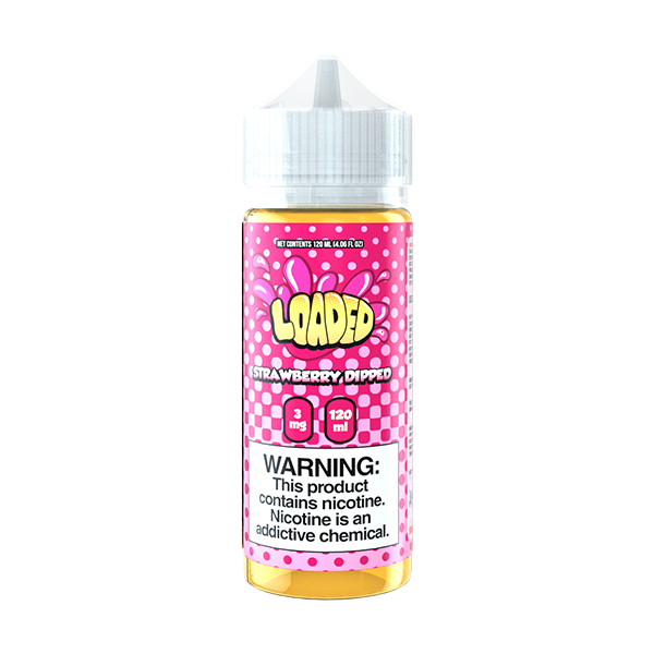 A 120ml bottle of Strawberry Dipped Loaded E-Liquid with a child-resistant cap, featuring a label with pink and white color scheme and a warning about nicotine content.