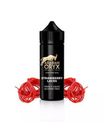 Load image into Gallery viewer, A 100ml bottle of ARABIAN ORYX Strawberry Laces E-Liquid with a black label, accompanied by a red wire lace and a group of strawberries to the side, against a white background.