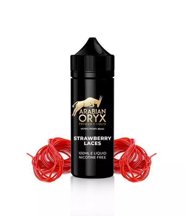 A 100ml bottle of ARABIAN ORYX Strawberry Laces E-Liquid with a black label, accompanied by a red wire lace and a group of strawberries to the side, against a white background.