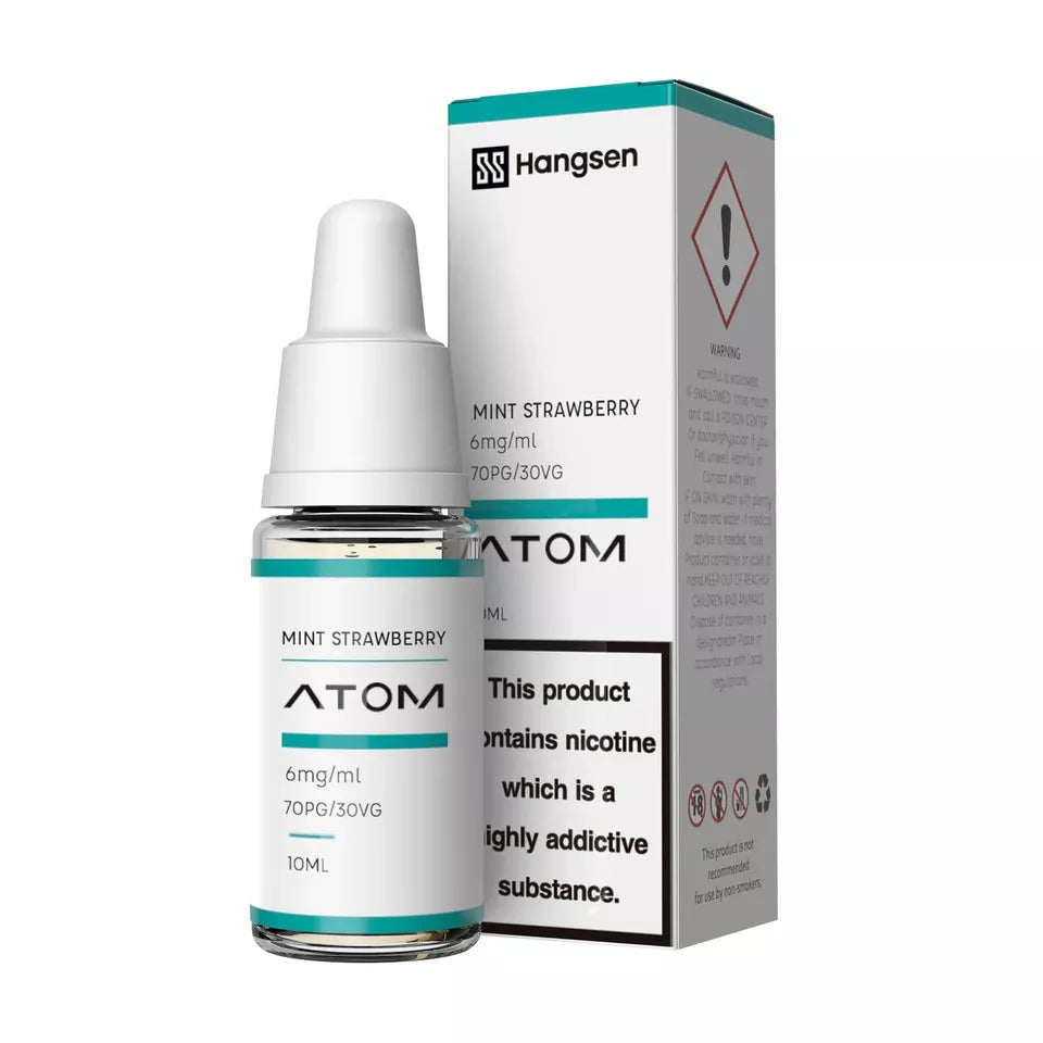 A product image showing a box and a bottle of Hangsen Strawberry Mint E-Liquid Bundle. The box is labeled with 'Mint Strawberry' and indicates a nicotine content of 12mg.