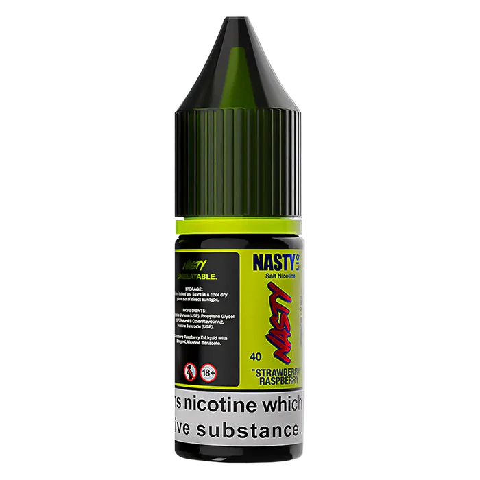 A 30ml bottle of Nasty Liq Strawberry Raspberry Nic Salt Vape Juice with bold red and pink packaging, displaying the Nasty Liq logo and dual berry flavor name, designed for use in nicotine salt vaping devices.