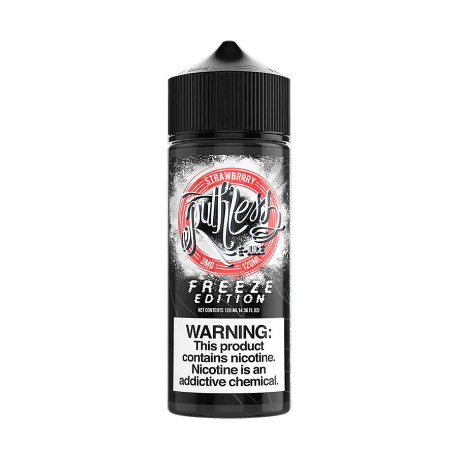 A 100ml bottle of Strawberry Ruthless E-Liquid by Cloud Chaser Vape Juice, with a warning label that nicotine is an addictive chemical.