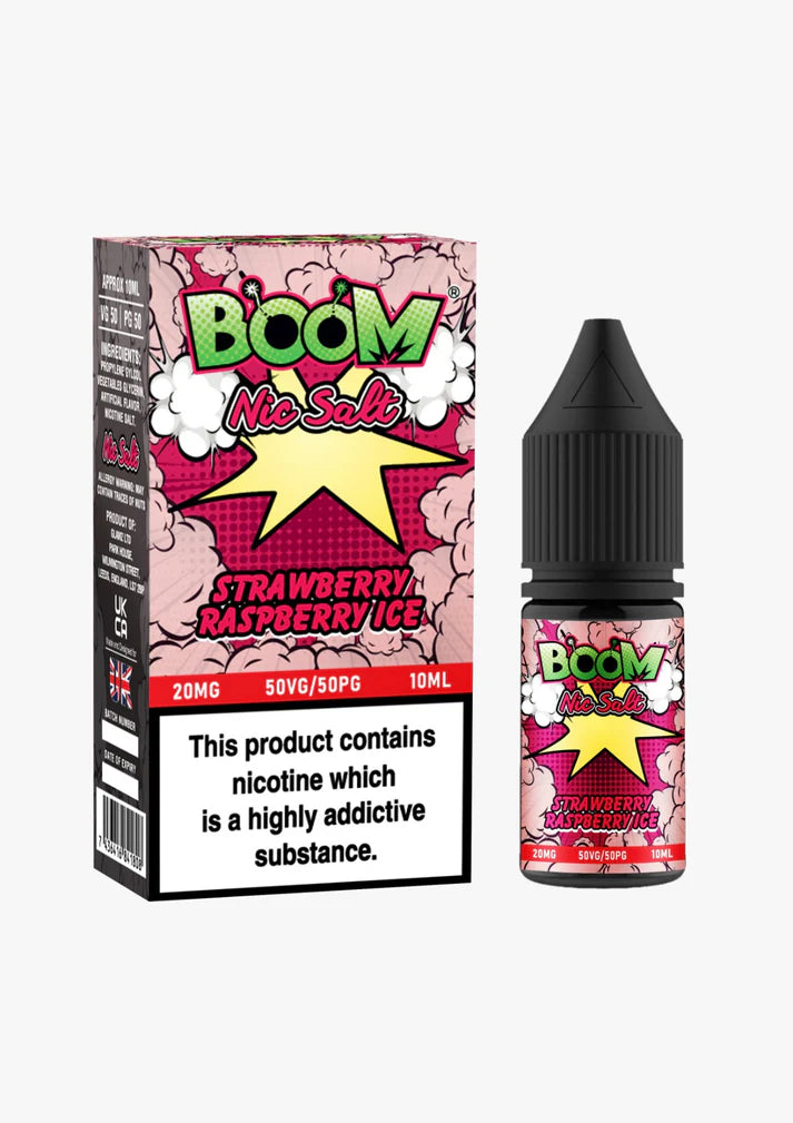 A product image showing a bottle of Boom Nic Salt E Liquid with Strawberry Raspberry Ice flavor. The packaging is predominantly pink and red with graphic illustrations and text indicating the flavor and nicotine strengths.