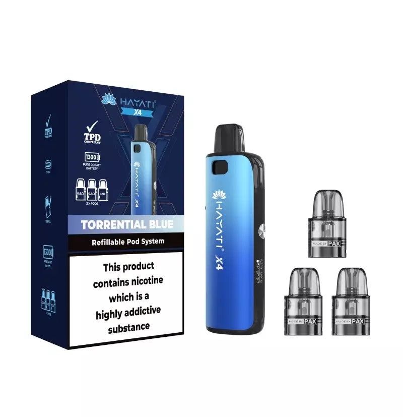 Torrential Blue Hayati X4 Pod Vape Kit 1300mAh - 2ml Pods, 3x & 10ml Nic Salt
