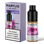 Load image into Gallery viewer, Bottle of Triple Berry Ice MARYLIQ by Lost Mary Nic Salt E‑Liquid with deep berry-purple and icy blue packaging, showcasing stylized illustrations of mixed berries with frosty crystals, bold ‘MARYLIQ’ and ‘Lost Mary’ branding, designed for nicotine salt vape devices.