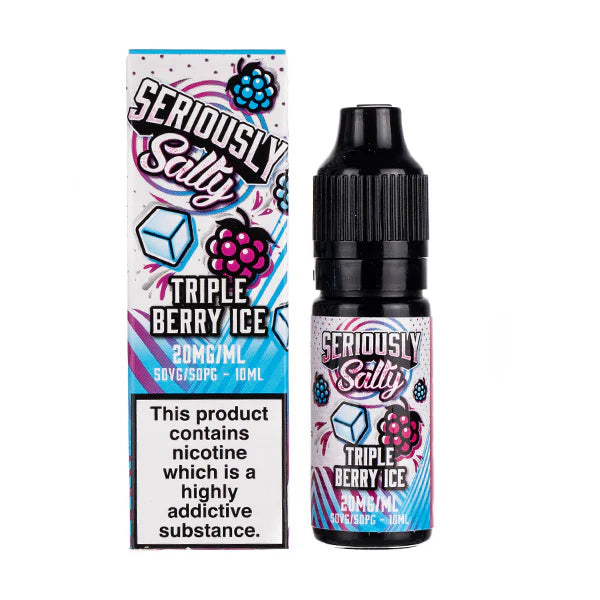 Packaging for Seriously Salty Fusionz Triple Berry Ice Nic Salt E-Liquid, featuring a 10ml bottle with childproof cap, alongside a box with branding and flavor information.