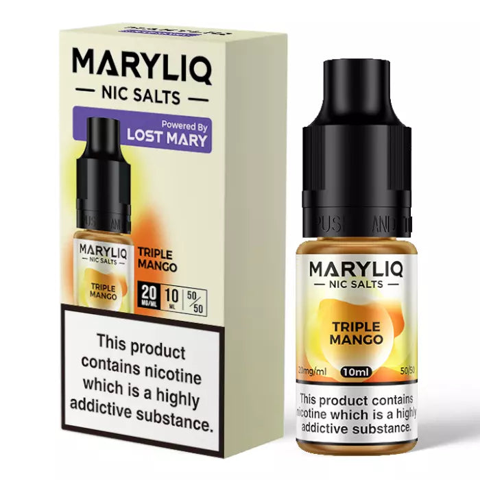The image shows a product packaging for Triple Mango MARY LIQ by Lost Mary E Liquid. The package includes a 10ml bottle of nicotine salt vape juice with a child-resistant cap, displayed alongside its packaging box.