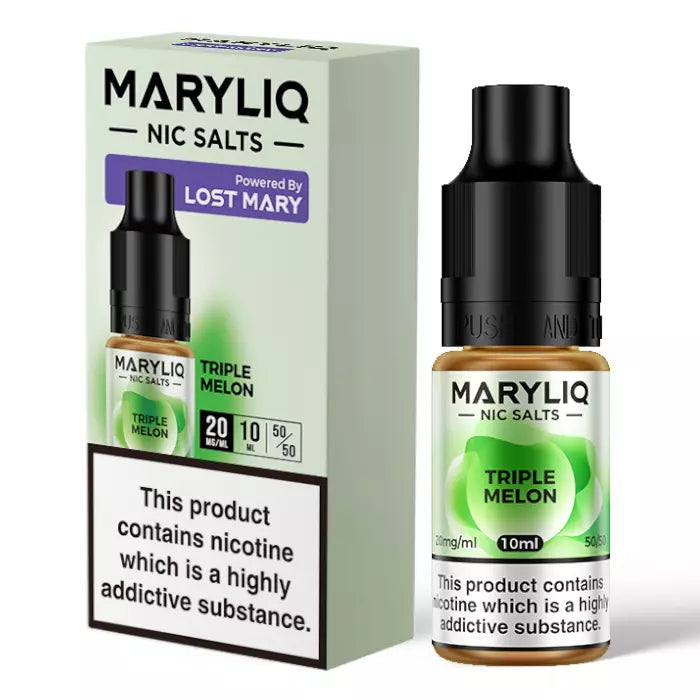 A 10ml bottle of MARY LIQ Triple Melon E Liquid Nicotine Salt Vape Juice, with its packaging box which indicates the flavor and nicotine content.