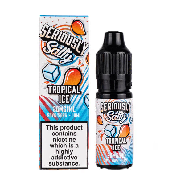 A 10ml bottle of Seriously Salty Fusionz Tropical Ice Nic Salt E-Liquid with a colorful label featuring strawberries, blueberries, and raspberries, and a black dropper cap.