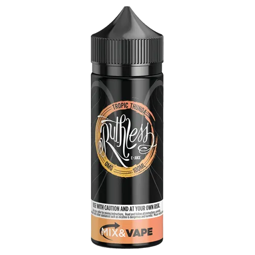 A 100ml bottle of Tropical Thunder Ruthless Vape Juice with a label indicating it is a product by Ruthless. The bottle is black with a graphic design in a metallic finish.