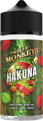 Load image into Gallery viewer, A bottle of Hakuna Twelve Monkeys e-liquid with a label showing green leaves and red berries, indicating a fresh fruit flavor, and text including the brand name and nicotine content.