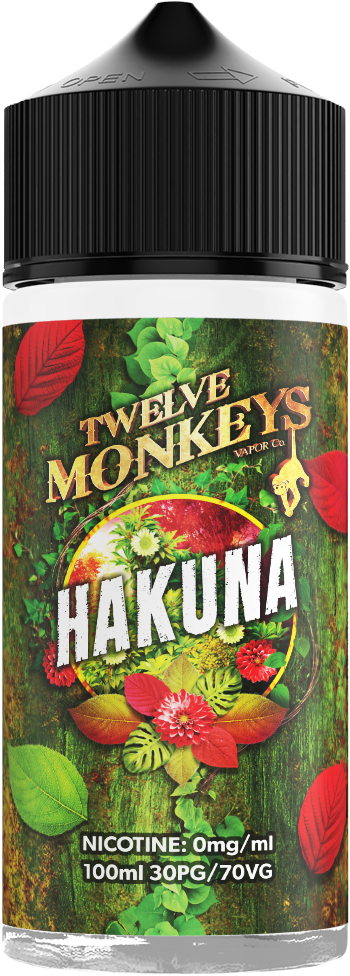 A bottle of Hakuna Twelve Monkeys e-liquid with a label showing green leaves and red berries, indicating a fresh fruit flavor, and text including the brand name and nicotine content.