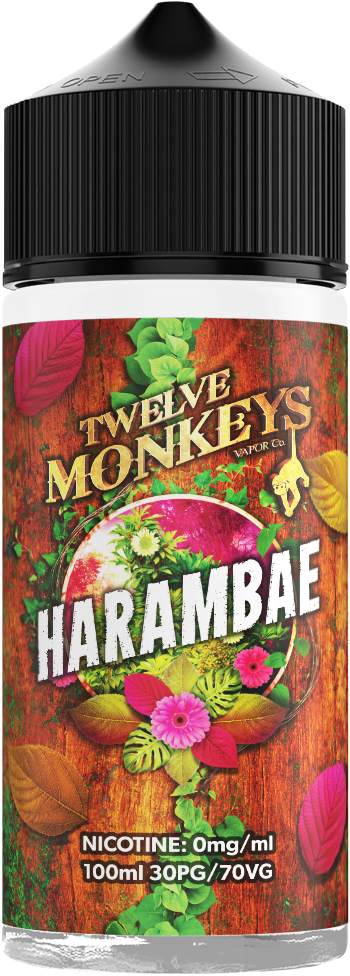 A bottle of Harambae Twelve Monkeys 100ml Shortfill 0mg Nicotine Vape Juice with a colorful label featuring floral patterns and monkey graphics.