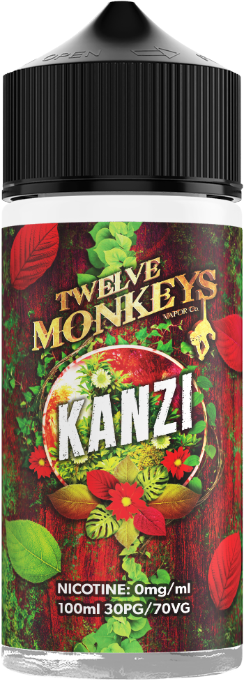 Kanzi Twelve Monkeys 100ml Shortfill – strawberry, watermelon & kiwi mix, 0mg nicotine, ideal for sub-ohm vaping.