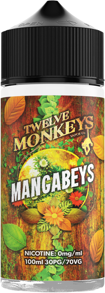 A 100ml bottle of Mangabeys Twelve Monkeys vape juice with a colorful label featuring images of pineapples, mangoes, and guavas, indicating a tropical flavor.