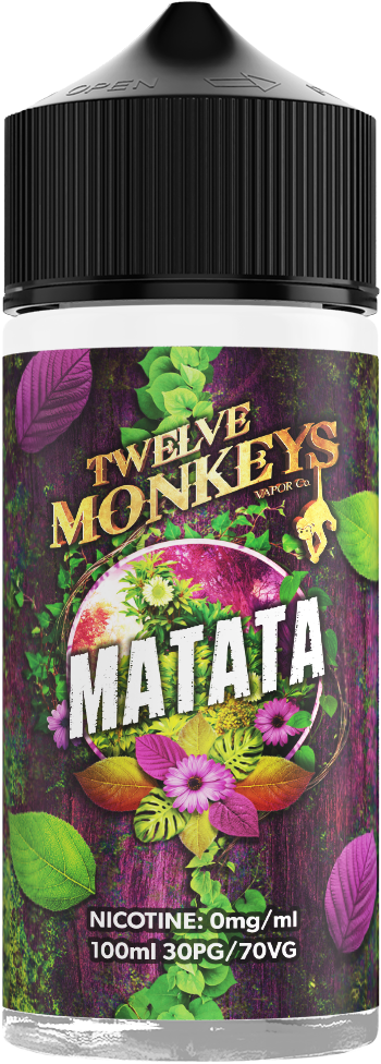 Matata Twelve Monkeys 100ml Shortfill – crisp apple & sweet grape blend, 0mg nicotine, perfect for sub-ohm vaping.